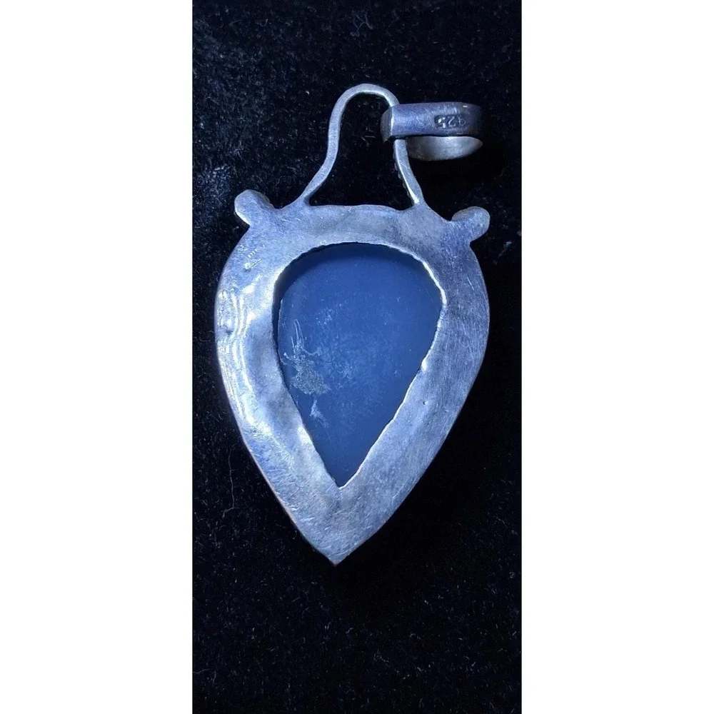 Blue Chalcedony Cabochon Pendant Vintage, 925 Sterling Silver